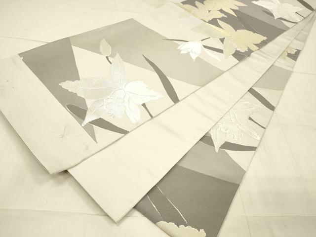 平和屋着物●世界的人形師 辻村寿三郎 ジュサブロー 六通柄袋帯 草花文 銀糸 上代28万 正絹 逸品 DAAX0094cm