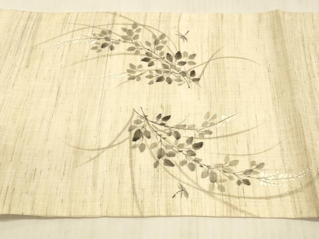 平和屋着物*夏物 九寸開き名古屋帯 手描き 蜻蛉草葉文 麻 逸品 DAAX0188cm