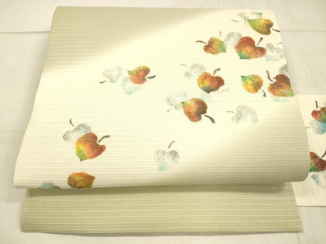 平和屋着物＊夏物　九寸名古屋帯　手描き　草葉文　麻　逸品　DABC8330cm 平和屋着物＊夏物 絽塩瀬 九寸名古屋帯 草葉文 鷺 黒地 正絹