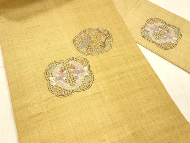 平和屋着物*夏物 中国三大刺繍 スワトウ刺繍 汕頭刺繍 相良刺繍 総刺繍 九寸名古屋帯 紬地 向かい鳥蔦の葉花文 金糸 正絹 逸品 DAAX0206cm