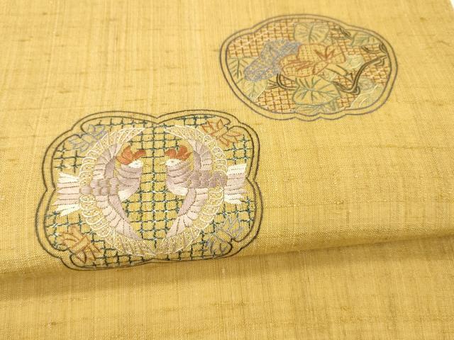 平和屋着物*夏物 中国三大刺繍 スワトウ刺繍 汕頭刺繍 相良刺繍 総刺繍 九寸名古屋帯 紬地 向かい鳥蔦の葉花文 金糸 正絹 逸品 DAAX0206cm