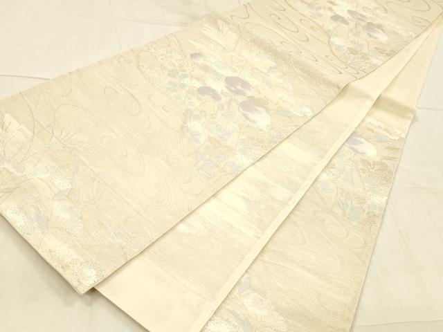 平和屋着物*夏物 六通柄袋帯 流水草花文 銀糸 正絹 逸品 DAAX0253cm