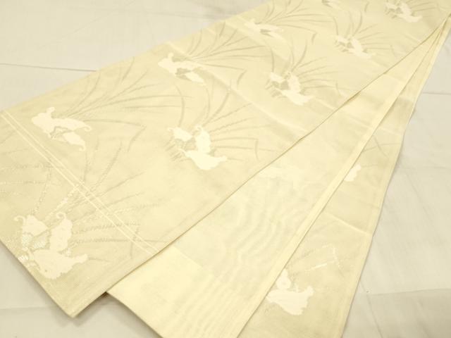 平和屋着物*夏物 六通柄袋帯 舞蝶草葉文 銀糸 正絹 逸品 DAAX0270cm
