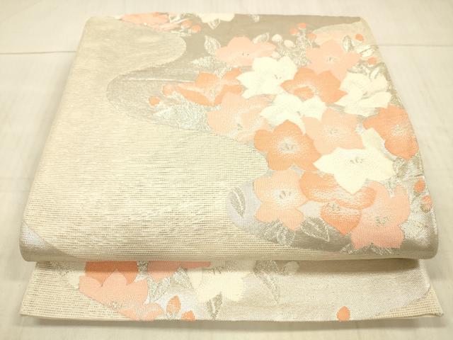 平和屋着物*夏物 六通柄袋帯 流水草花文 銀糸 正絹 逸品 DAAX0326cm