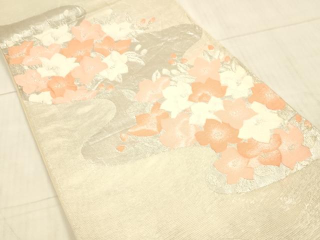 平和屋着物*夏物 六通柄袋帯 流水草花文 銀糸 正絹 逸品 DAAX0326cm
