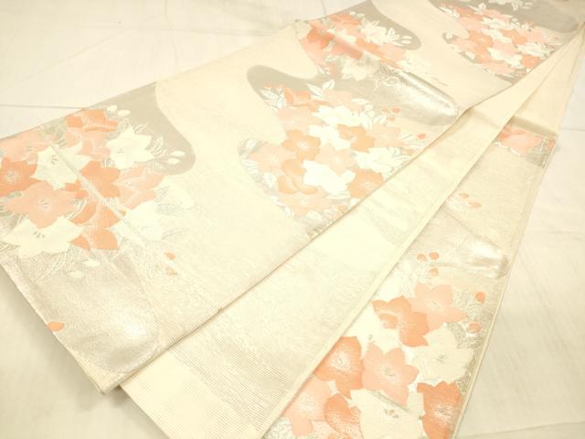 平和屋着物*夏物 六通柄袋帯 流水草花文 銀糸 正絹 逸品 DAAX0326cm
