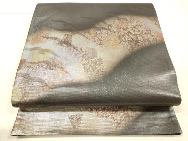 平和屋着物▼六通柄袋帯 抽象飛鳥文 黒地 銀糸 引箔 正絹 逸品 DAAX0357cm
