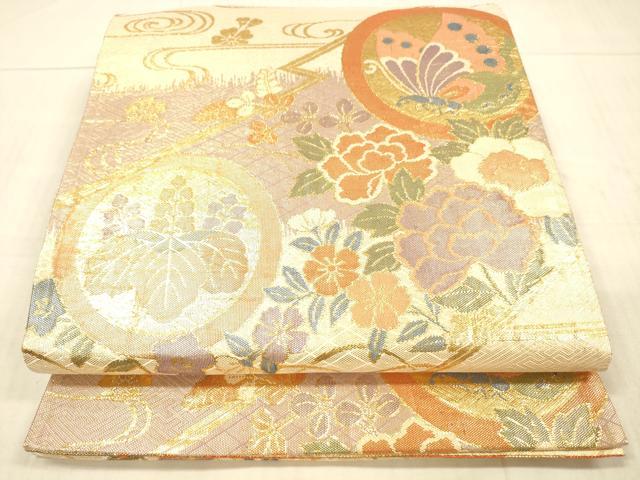 平和屋着物▼佐賀錦 六通柄袋帯 流水花蝶文 金糸 正絹 逸品 DAAX0376cm