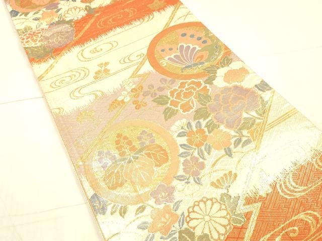 平和屋着物▼佐賀錦 六通柄袋帯 流水花蝶文 金糸 正絹 逸品 DAAX0376cm
