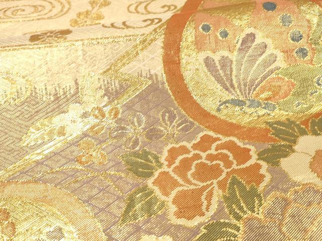 平和屋着物▼佐賀錦 六通柄袋帯 流水花蝶文 金糸 正絹 逸品 DAAX0376cm