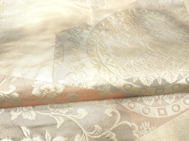 平和屋着物▼六通柄袋帯 向かい鳥花唐草文 銀糸 引箔 正絹 逸品 DAAX0378cm