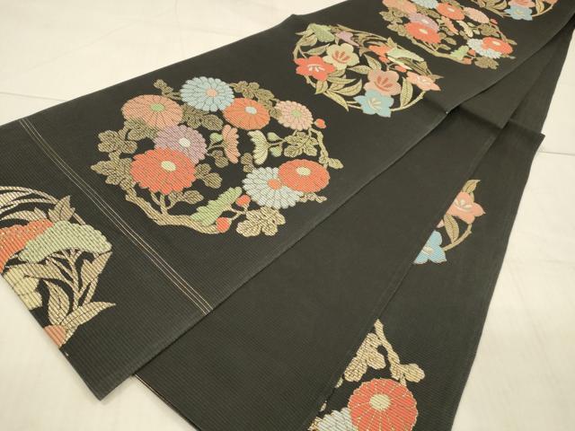 平和屋着物*夏物 六通柄袋帯 草花文 黒地 金糸 正絹 逸品 DAAX0457cm
