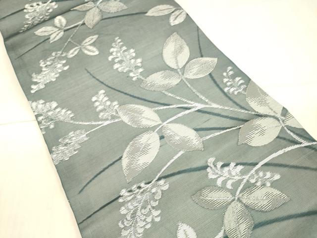 平和屋着物*夏物 九寸開き名古屋帯 草葉文 銀糸 正絹 逸品 DAAX0470cm