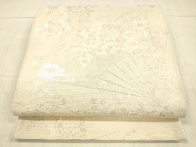 平和屋着物*夏物 六通柄袋帯 扇面草花文 銀糸 正絹 逸品 DAAX0478cm