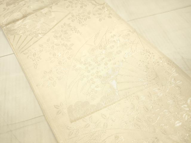 平和屋着物*夏物 六通柄袋帯 扇面草花文 銀糸 正絹 逸品 DAAX0478cm