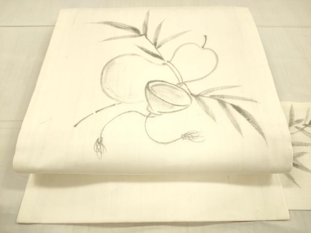 平和屋着物*夏物 九寸名古屋帯 手描き 瓢箪草葉文 麻 逸品 DAAX0493cm