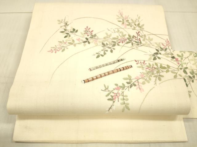 平和屋着物*夏物 九寸名古屋帯 手描き 横笛草葉文 麻 逸品 DAAX0494cm