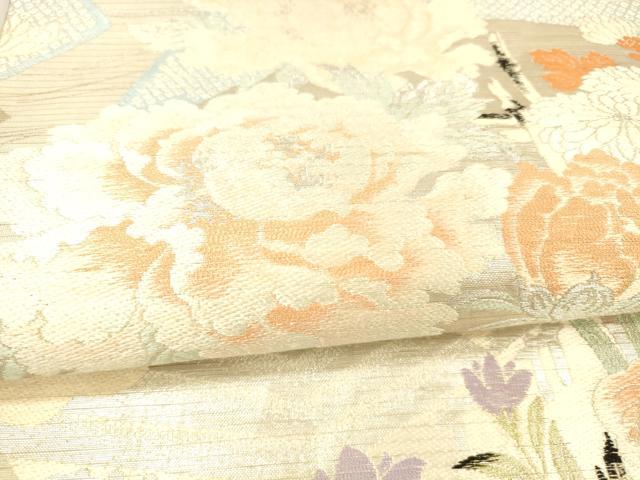 平和屋着物*夏物 アンティーク 大正ロマン 丸帯 引き抜き帯 唐織 風景鹿の子草花文 銀糸 正絹 逸品 DAAX0507cm