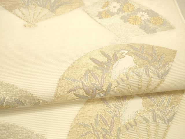 平和屋着物*夏物 六通柄袋帯 扇面草花文 鷺 金銀糸 正絹 逸品 DAAX0510cm