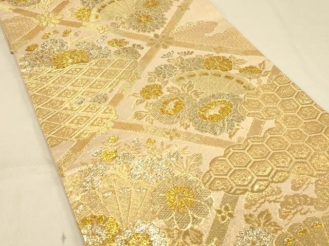 平和屋着物◎六通柄袋帯 天井扇面花文 金糸 正絹 逸品 DAAX0565jm