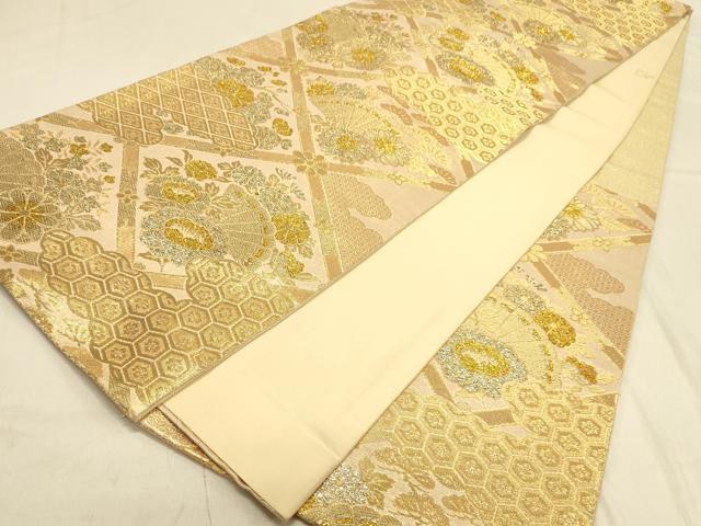 平和屋着物◎六通柄袋帯 天井扇面花文 金糸 正絹 逸品 DAAX0565jm