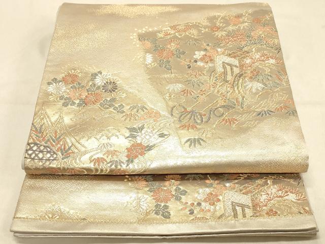 平和屋着物◎六通柄袋帯 唐織 御所車花文 松竹梅 金銀糸 正絹 逸品 DAAX0577jm