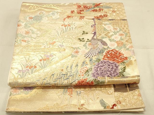 平和屋着物◎六通柄袋帯 唐織 大奥絵巻 流水花鳥文 金糸 正絹 逸品 DAAX0642jm
