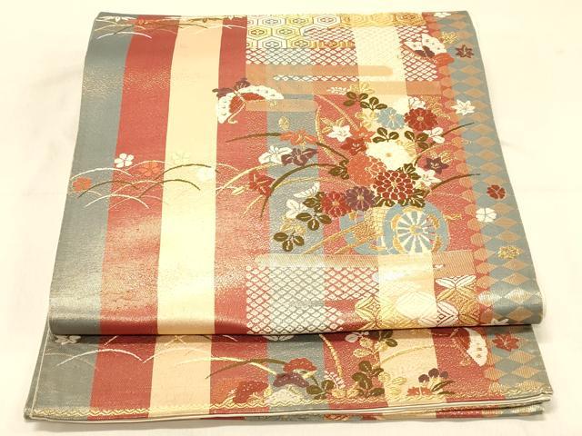 平和屋着物◎六通柄袋帯 唐織 エ霞花車文 金糸 正絹 逸品 DAAX0657jm