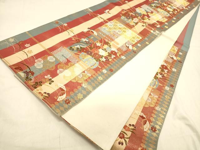 平和屋着物◎六通柄袋帯 唐織 エ霞花車文 金糸 正絹 逸品 DAAX0657jm