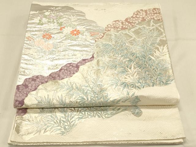 平和屋着物◎六通柄袋帯 道長草花文 銀糸 正絹 逸品 DAAX0672jm