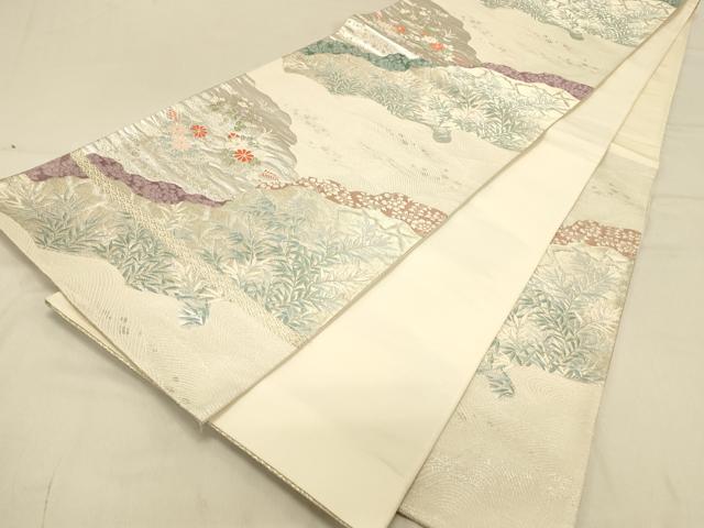 平和屋着物◎六通柄袋帯 道長草花文 銀糸 正絹 逸品 DAAX0672jm