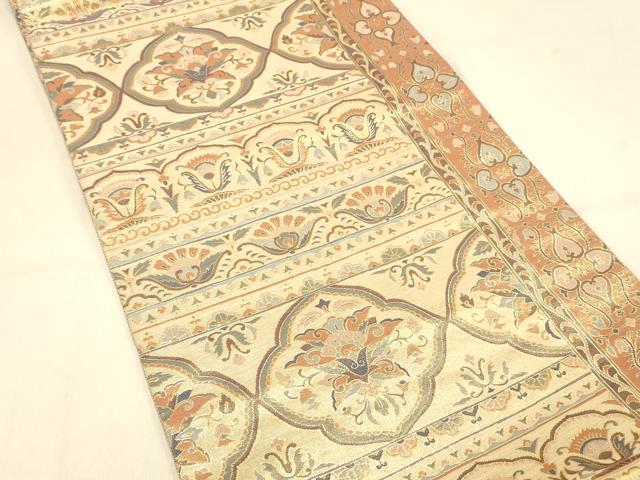 平和屋着物◎六通柄袋帯 横段更紗花文 金糸 正絹 逸品 DAAX0710jm