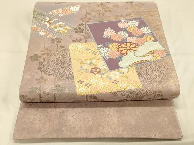 平和屋着物◎太鼓柄袋帯 唐織 色紙吉祥花文 金銀糸 正絹 逸品 DAAX0714jm