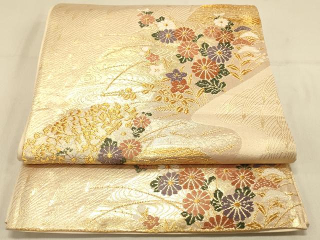 平和屋着物◎六通柄袋帯 流水花文 金糸 正絹 逸品 DAAX0850jm