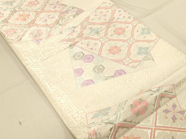 平和屋着物◎六通柄袋帯 唐織 色紙蜀江花文 銀糸 正絹 逸品 DAAX0861jm