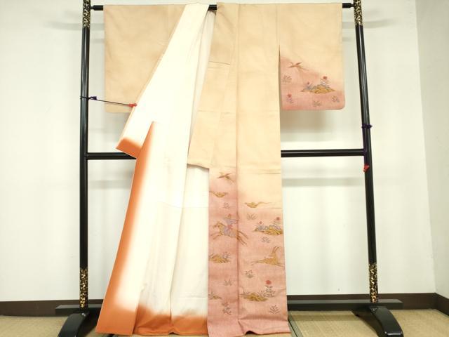 平和屋着物●訪問着 紬地 手描き 狩猟文 暈し染め 正絹 逸品 DAAX1510op
