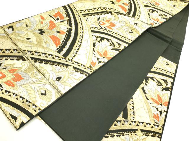 平和屋着物◎六通柄袋帯 更紗花文 黒地 金銀糸 正絹 逸品 DAAX1586op