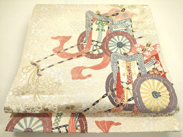 平和屋着物◎六通柄袋帯 唐織 御所車花文 金糸 正絹 逸品 DAAX1660op