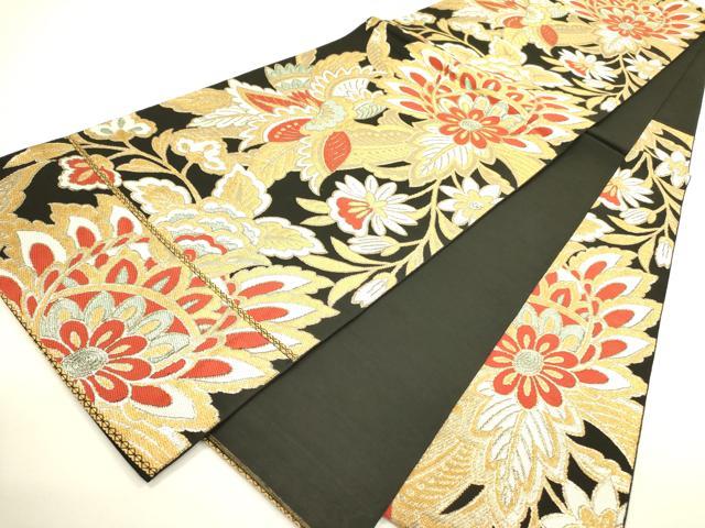 平和屋着物◎六通柄 本袋帯 更紗花文 黒地 金糸 正絹 逸品 DAAX1662op