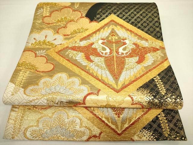 平和屋着物◎六通柄袋帯 唐織 向かい鶴松菱文 金銀糸 正絹 逸品 DAAX1837op