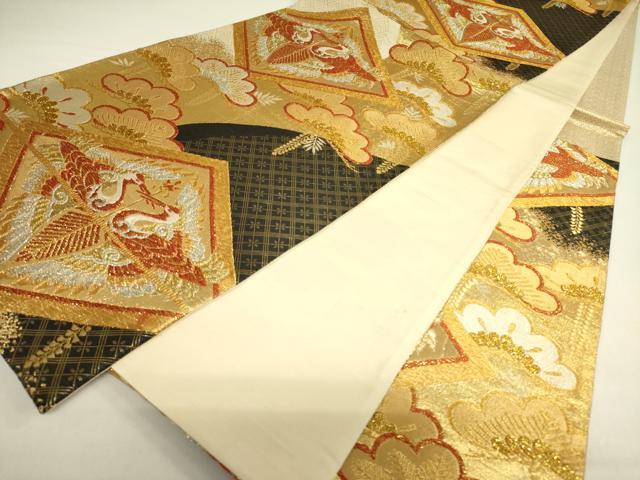 平和屋着物◎六通柄袋帯 唐織 向かい鶴松菱文 金銀糸 正絹 逸品 DAAX1837op