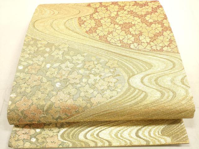 平和屋着物◎六通柄袋帯 流水花文 金糸 正絹 逸品 DAAX2313xg