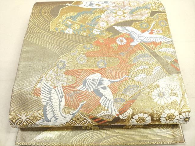 平和屋着物◎六通柄袋帯 唐織 地紙飛鶴花文 金銀糸 正絹 逸品 DAAX2410xg
