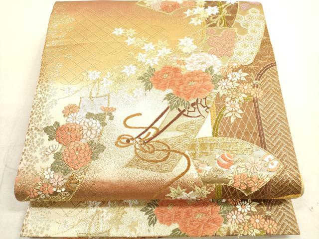 平和屋着物◎六通柄袋帯 唐織 短冊草花文 金糸 正絹 逸品 DAAX2434xg