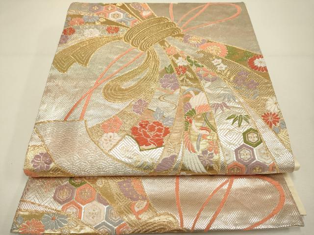 平和屋着物◎六通柄袋帯 唐織 虹彩錦 束ね熨斗飛鶴吉祥花文 金銀糸 正絹 逸品 DAAX2982du