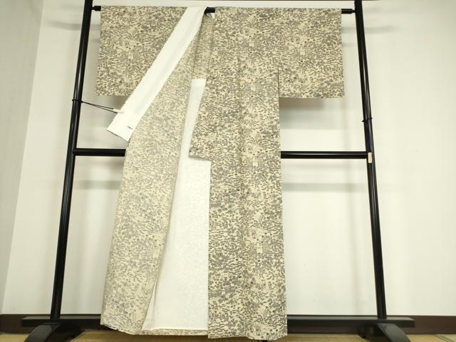 平和屋着物▽上質な小紋 紬地 単衣 型染 風景花文 正絹 逸品 DAAX3074az