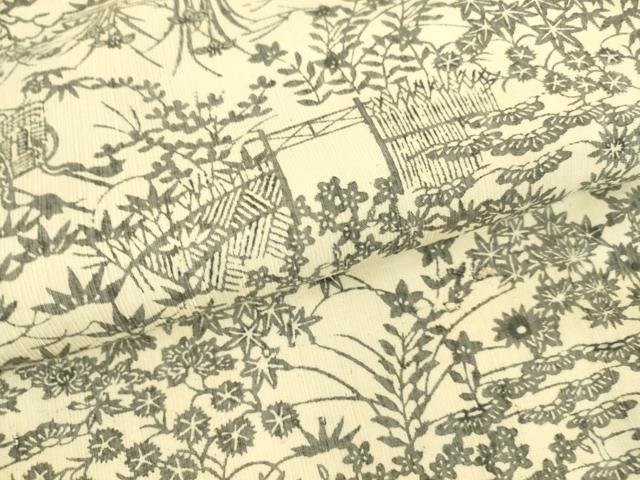 平和屋着物▽上質な小紋 紬地 単衣 型染 風景花文 正絹 逸品 DAAX3074az