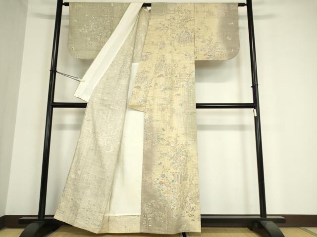平和屋着物▽訪問着 紬地 単衣 風景花蝶文 金彩 正絹 逸品 DAAX3084az