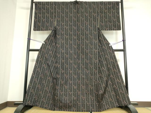 平和屋着物▽上質な紬 単衣 絣間道 黒地 正絹 逸品 DAAX3085az