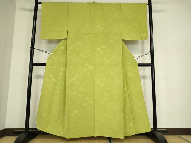 平和屋着物▽上質な色無地 単衣 扇面花地紋 苗色 正絹 逸品 DAAX3123az